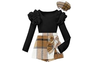 Hevemexy Girls Clothes Ruffle Sleeve T-shirt Top and Bowtie Plaid Skort Set with Hat 3PCS Girls Fall Outfits 5-14 Years