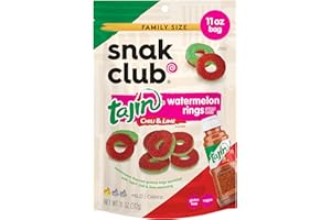Snak Club Watermelon Rings, Tajin Chili & Lime Seasoned, Sweet and Spicy Gummy Candy, Mild in Heat Bold in Flavor, Low-Fat, Vegan, Gluten-Free Snack, Family Size, 11 Ounce