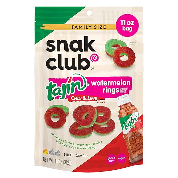 SNAK CLUB WATERMELON RINGS, TAJIN CHILI & LIME SEASONED, SWEET AND SPICY GUMMY CANDY, MILD IN HEAT BOLD IN FLAVOR, LOW-FAT, VEGAN, GLUTEN-FREE SNACK, FAMILY SIZE, 11 OUNCE
