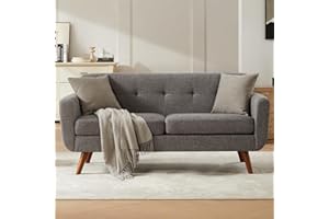 Tbfit 65" W Loveseat Sofa, Mid Century Modern Love Seat Couches for Living Room, Button Tufted Upholstered Small Couch for Bedroom, Solid and Easy to Install Love Seats Furniture, Grey