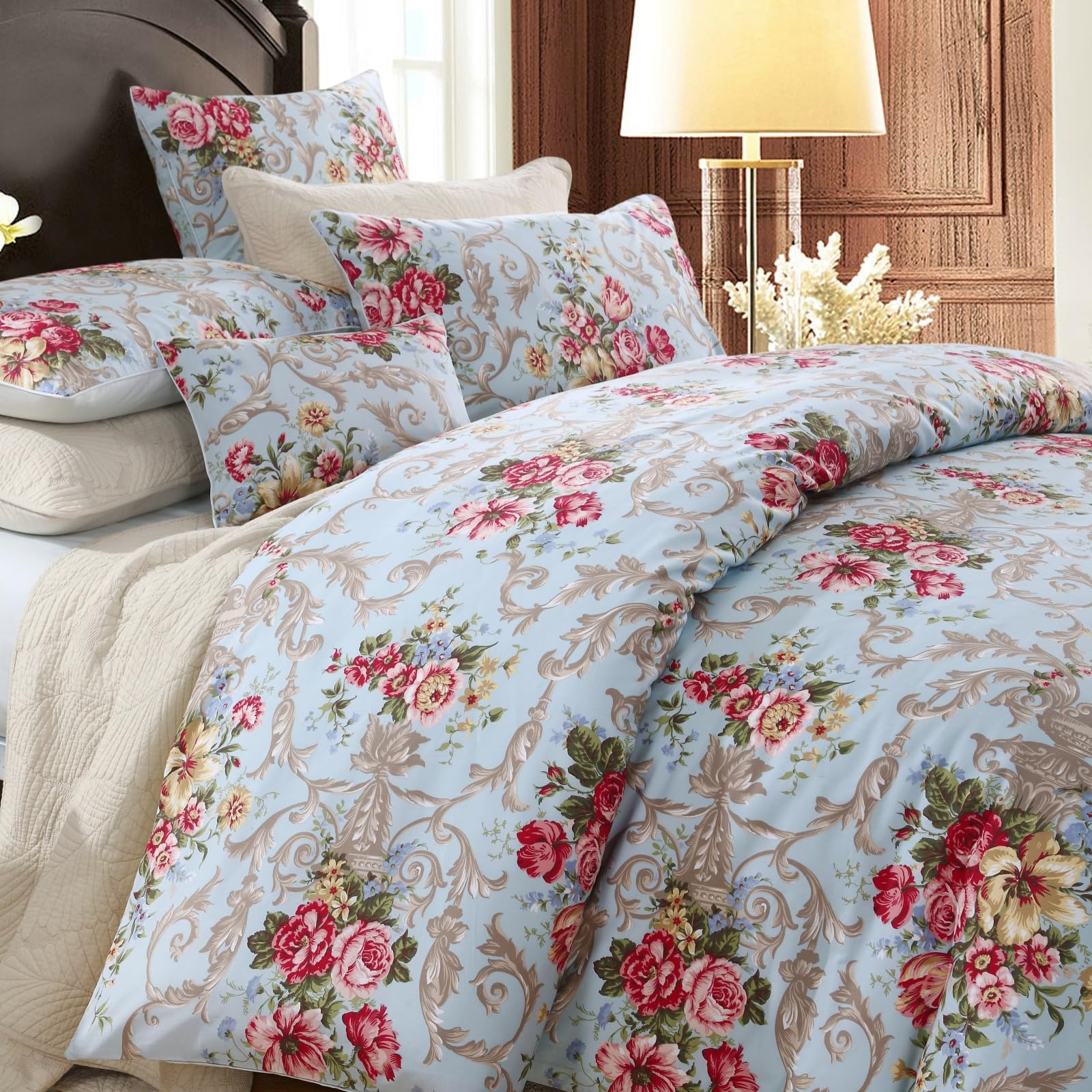 USTIDE 3-Piece Peony Flowers Bedding Set 100% Cotton Duvet Cover Set with 2 Pillowcases Luxurious Duvet Cover Set,Double Size