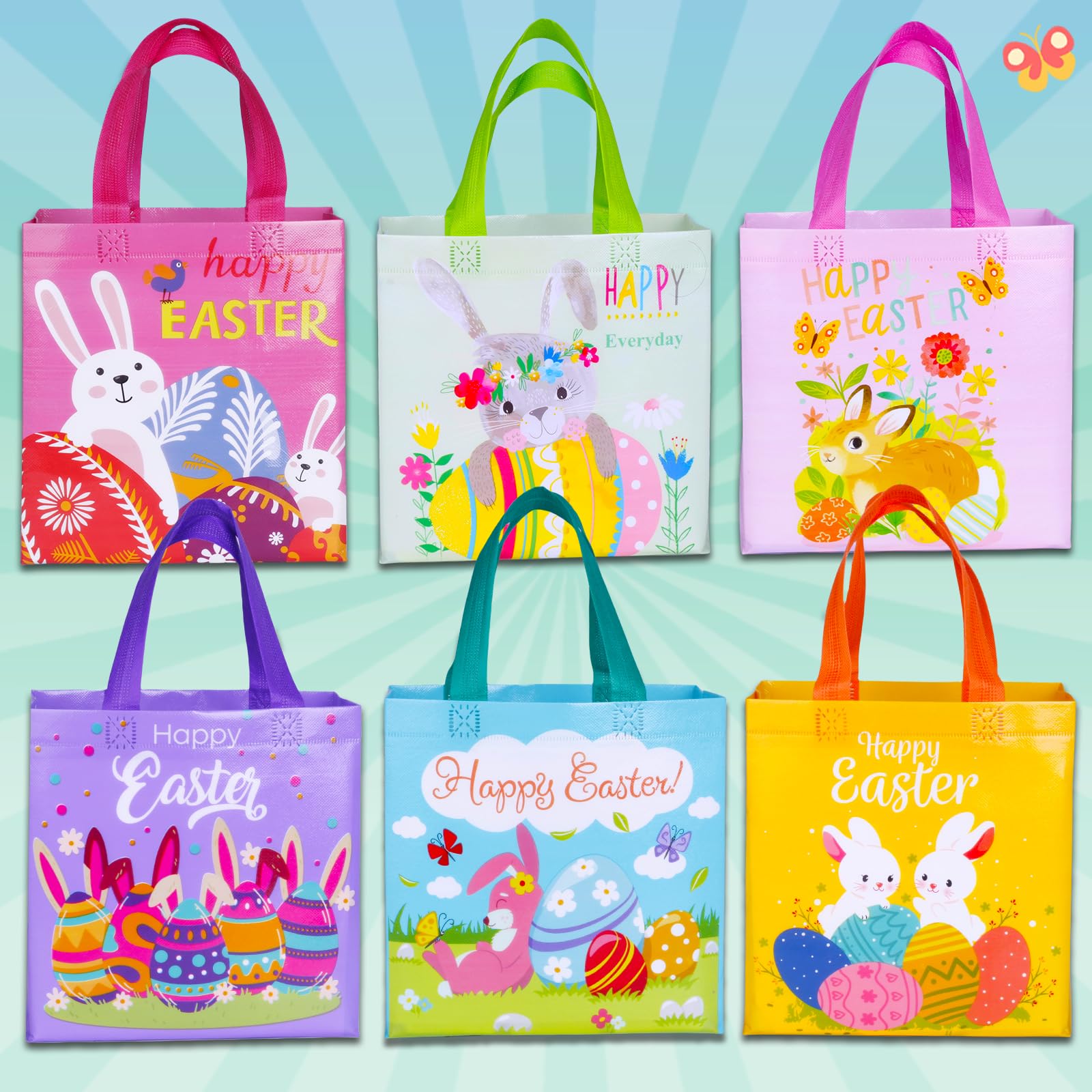 Happy Easter Gift Bags with Handles, Bunny Carrot Chick Designs, Reusable Non-Woven Treat Bags for Party Favors, Gift Wrapping, Easter Basket Container, 9.1×8.7×4.5 inch, 6-Pack