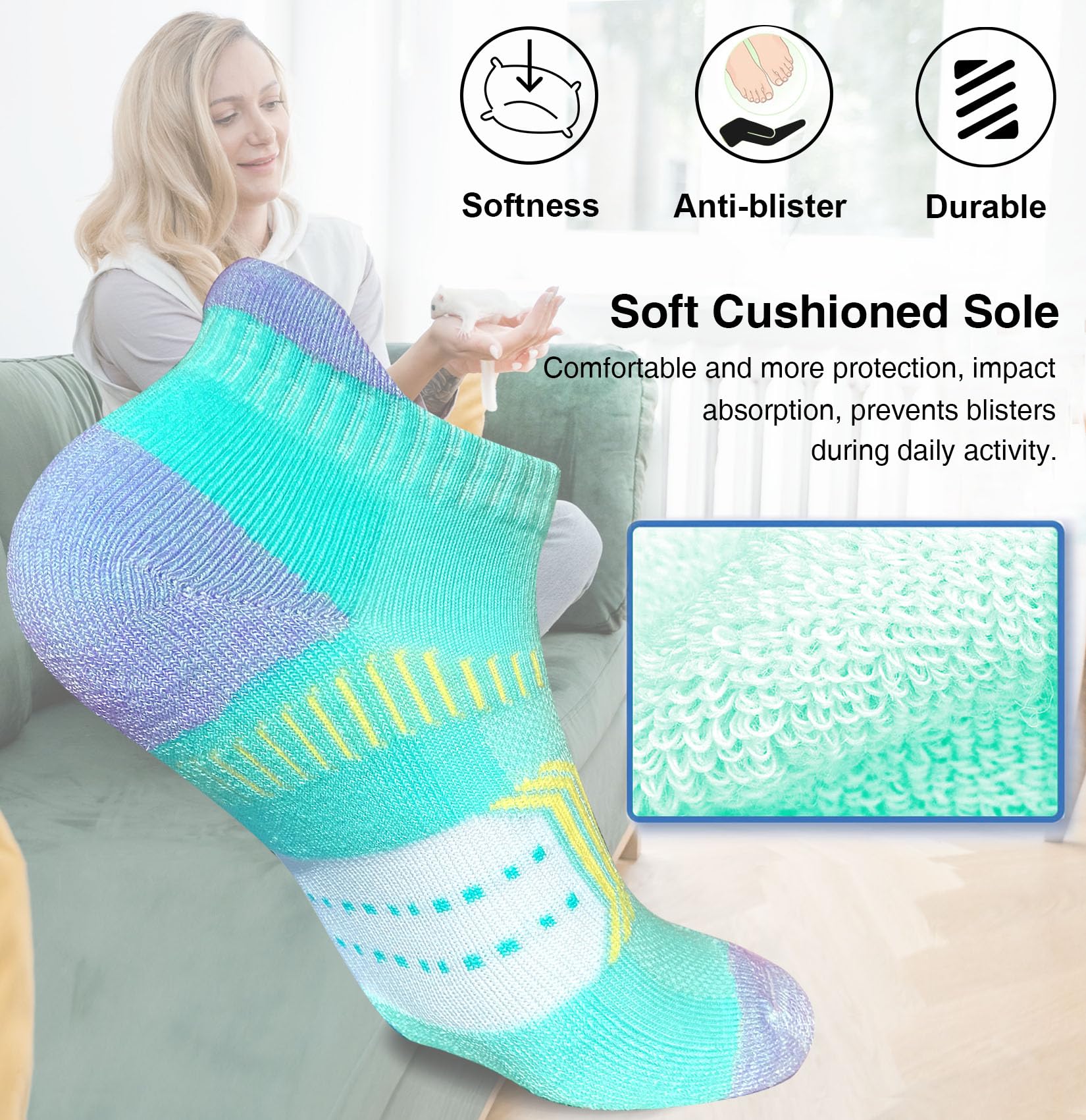 suaskk Womens Athletic Cushioned Anti-Blister Comfort Running Ankle Socks 5 Pairs