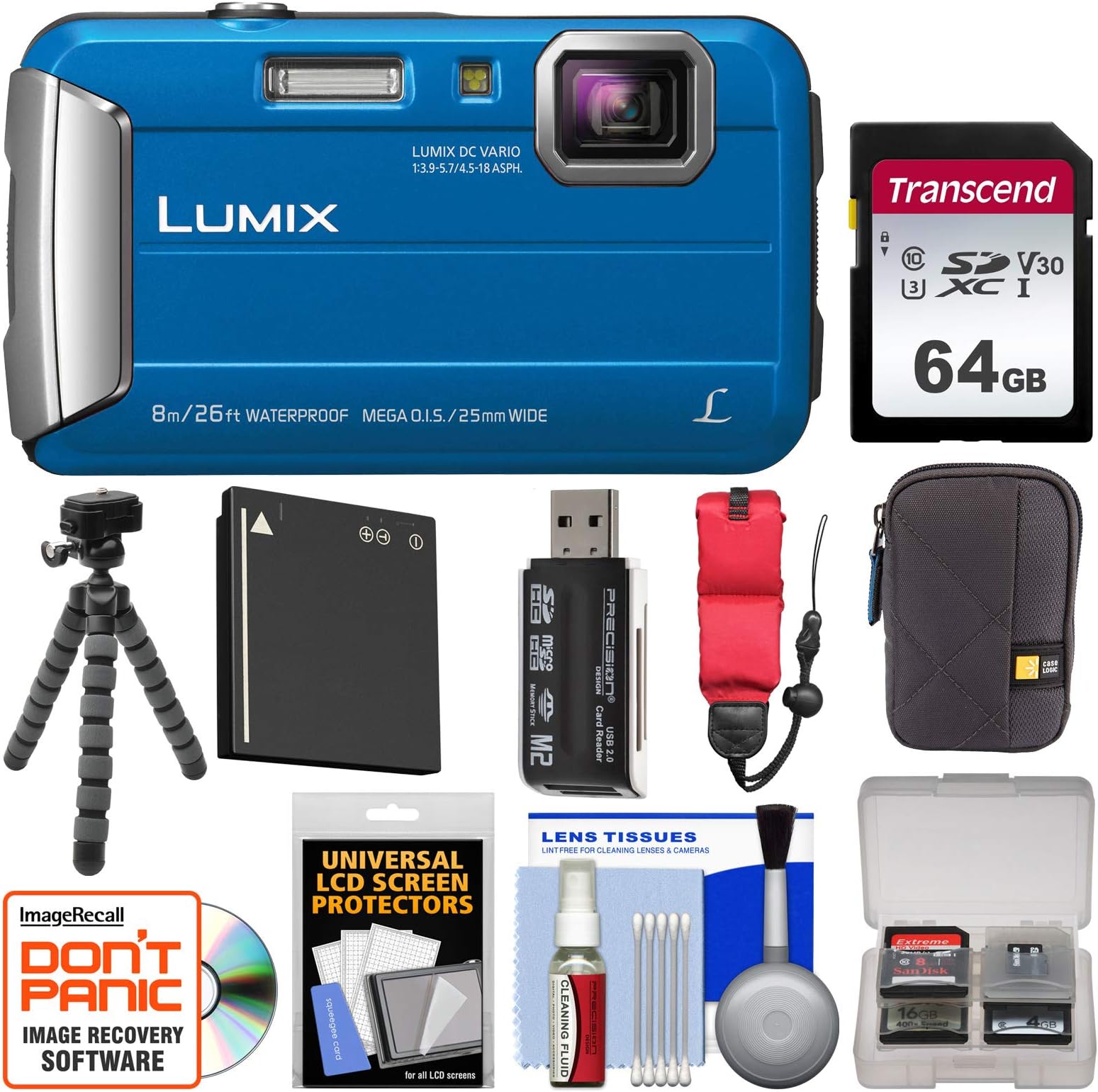 Panasonic Lumix DMC-TS30 Tough Shock & Waterproof Digital Camera (Blue) with 64GB Card + Case + Battery + Flex Tripod + Float Strap + Kit