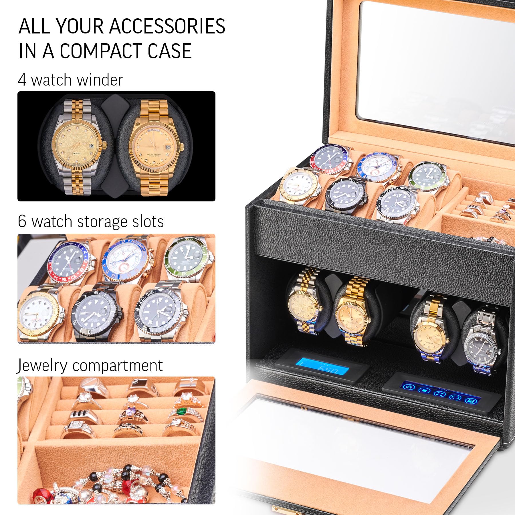 Watch Winder with 6 Storage Slots, Jewelry Organizer and LED Interior Light