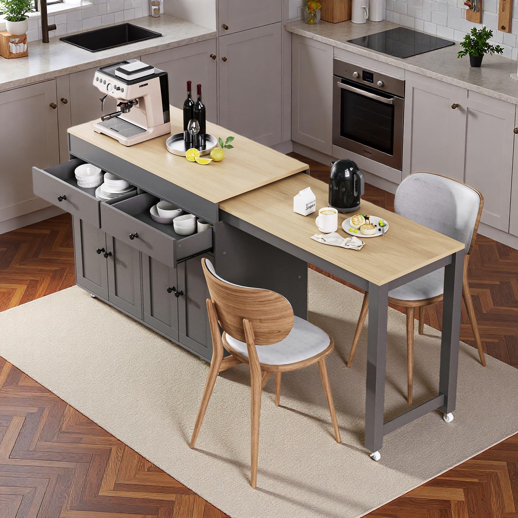 Photo 1 of *UNTESTED*
Trygoal 74.5" Kitchen Island with Extendable Dining Table, Rolling Kitchen Cart with 2 Drawers, 4 Door Cabinet, Spice Rack, Movable Storage Cabinet with Side Tabletop on Wheels for Dining Room, Grey