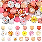 Tradder 200 Pcs Daisy Wooden Beads Set 16mm 20mm Round Assorted Wood Loose Round Daisy Floral Printed Token Rustic Farmhouse Spacer Wood Token for DIY Garland Making and Home Decor