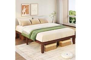 Lifezone Queen Solid Wood Platform Bed, 14 Inch Rubber Wood Queen Bed, Wood Slat Support, No Box Spring Needed, Easy Assembly, Walnut