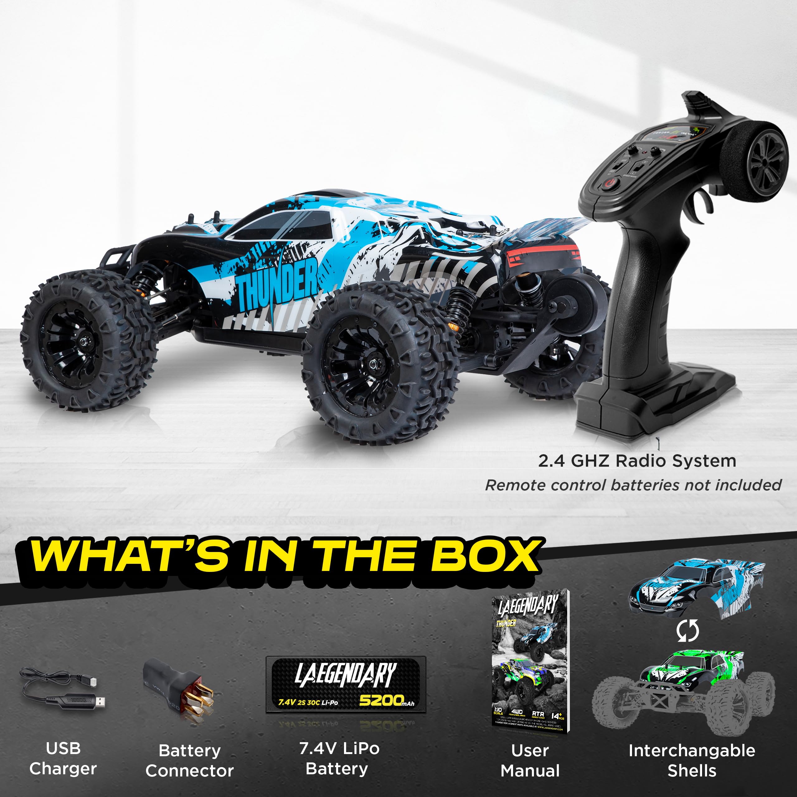 1:10 Scale Brushless RC Cars 65 km/h Speed - Boys Remote Control Car 4x4 Off Road Monster Truck Electric - All Terrain Waterproof Toys for Kids and Adults -2 Body Shell + Connector for 30+ Mins Play