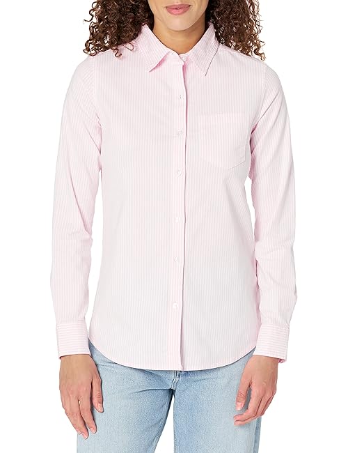 Amazon Essentials Women's Long Sleeve Button Down Stretch Oxford Shirt (Available in Plus Size), Light Pink White Stripe, Small