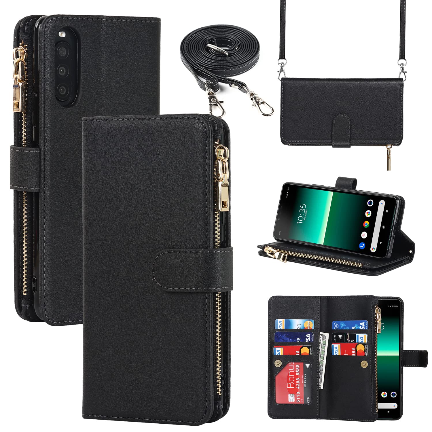 Cavor Phone Case Compatible with Sony Xperia 10 II Case With Card Holder With Strap,Flip Leather Wallet Case,[9 Card Holders][Zipper Pocket],Crossbody Cover Case for women - Black