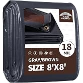 RAINDEWAY 8x8 Feet 18Mil Super Heavy Duty Tarp Waterproof Tarps Gray/Brown | Metal Grommets Every 18",Sturdy Corners,Reinforced Edges,16x16 Strong Weave,Rip&amp;UV Resistant, for Outdoor,Camping,Roof,Tent