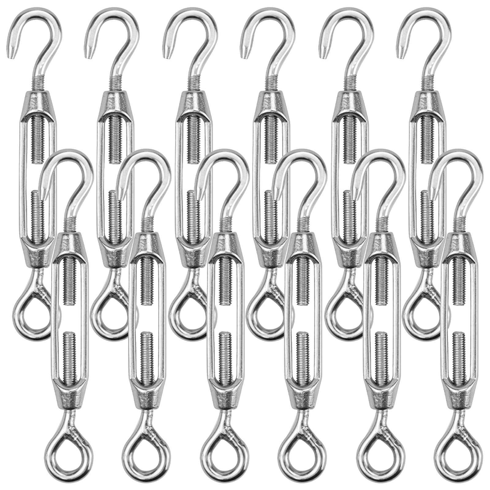 Hedume 12 Pack M4 Hook & Eye Turnbuckle Wire Rope Tension 304 Stainless Steel