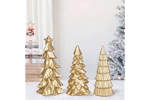 DLFGHOS Gold Christmas Tree Figurines Tabletop Tree Set of 3 Small Resin Christmas Trees Figurine Home Decor Decorative Xmas Trees for Table Indoor Decorations Elegant Fireplace Living Room Centerpieces