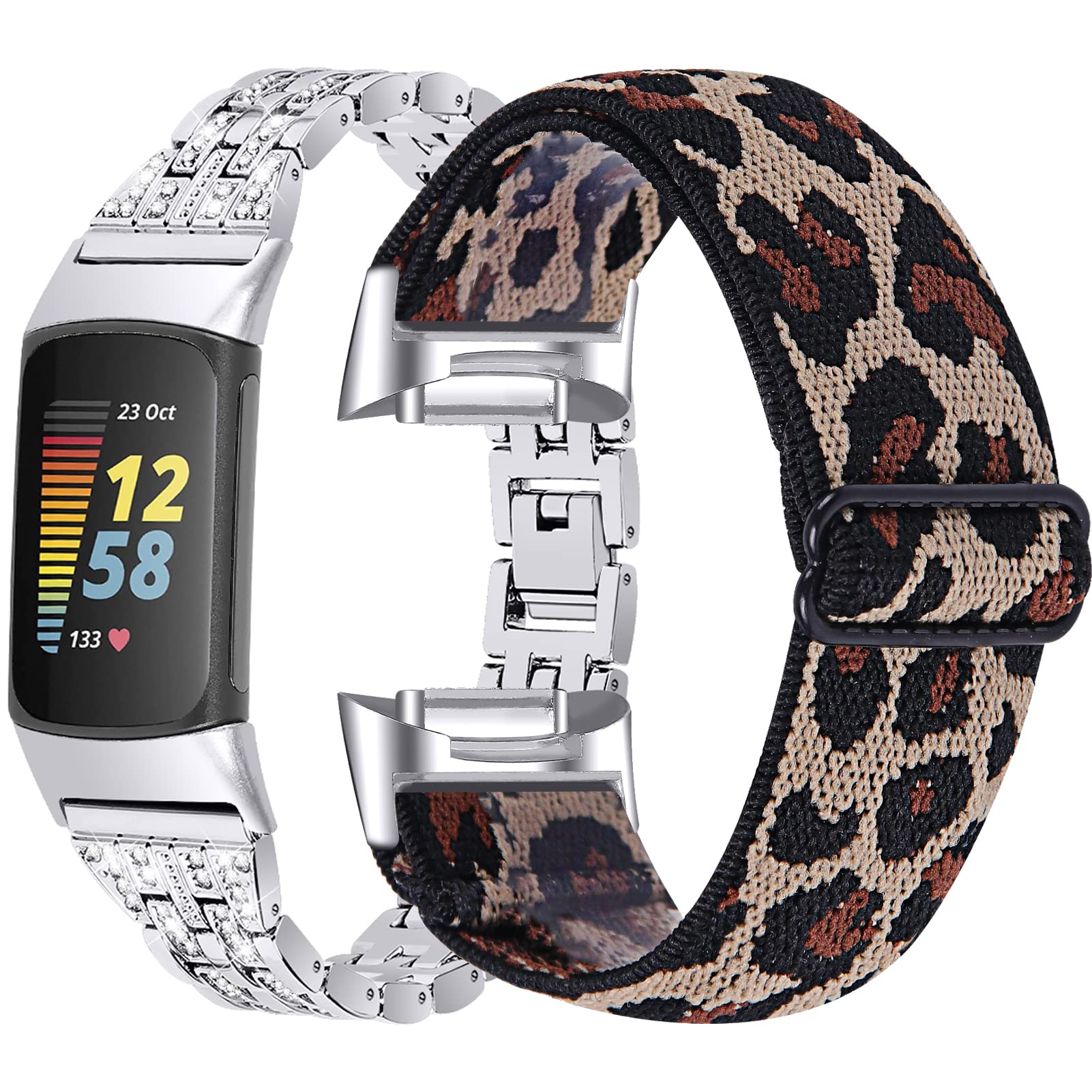 Gimuk For Fitbit Charge 5 Band, Stainless Steel Rhinestone Replacement Band, Silver Rose Gold Black, Small/Large, Metal