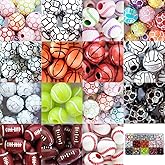15 Styles Sports Beads Football Baseball Basketball Tennis Volleyball Soccer with 1 Roll of Elastic Rope and a Plastic Box for DIY Bracelet Necklace Making