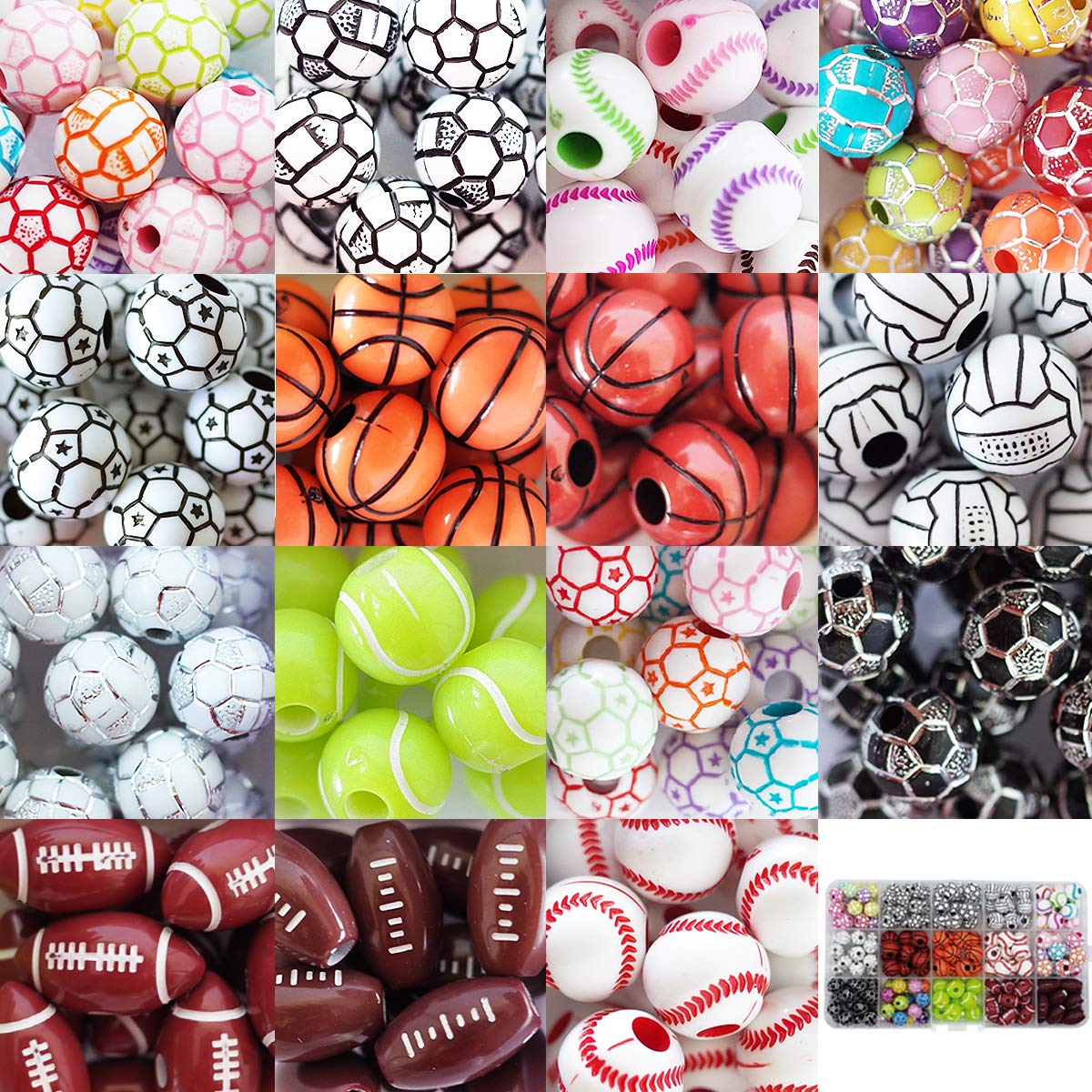 Photo 1 of 15 Styles Sports Beads Football Baseball Basketball Tennis Volleyball Soccer with 1 Roll of Elastic Rope and a Plastic Box for DIY Bracelet Necklace Making