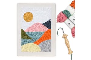 WOOL QUEEN Hand U Journey Punch Needle Kit/Landscape Rug Yarn Hooking Beginner Kit,14''x10'' with Oxford Open-Side Design Tool for Kids and Adults Craft Gift-Impression Sunrise