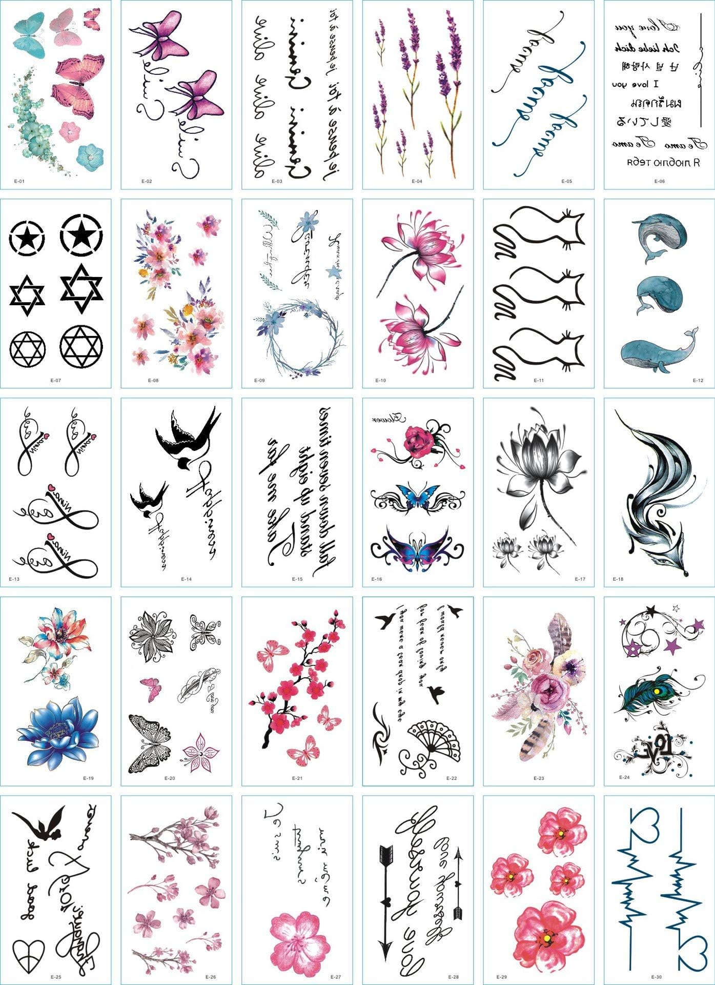 30 Sheets Cute Temporary Tattoos by Yesallwas,Fake Tattoos Stickers for Girls Teens Body Tattoos