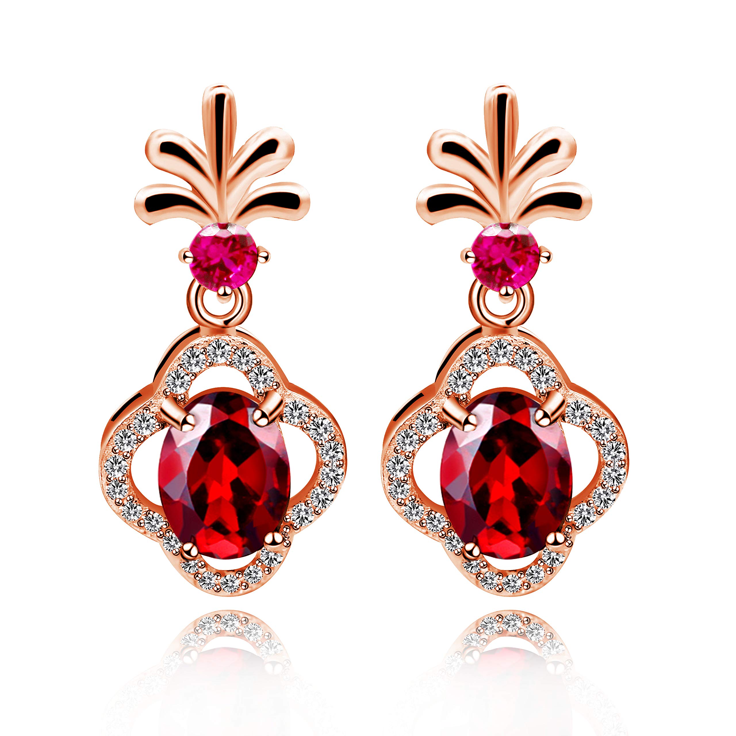 Uloveido 925 Sterling Silver Birthstone Earrings for Women, Rose Gold Plated Flower Earrings for Girls, Women Red Garnet Studs Earrings with Velvet Box FR052