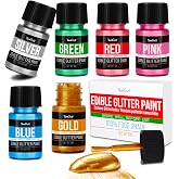 Edible Glitter Paint Set, 6 Food Colors with Gold, Blue, Silver, Green, Red, Pink, Food Grade Liquid Luster Dust for Drinks, Cake, Candy, Shimmering Powder Glitter for Christmas FestivalChocolate