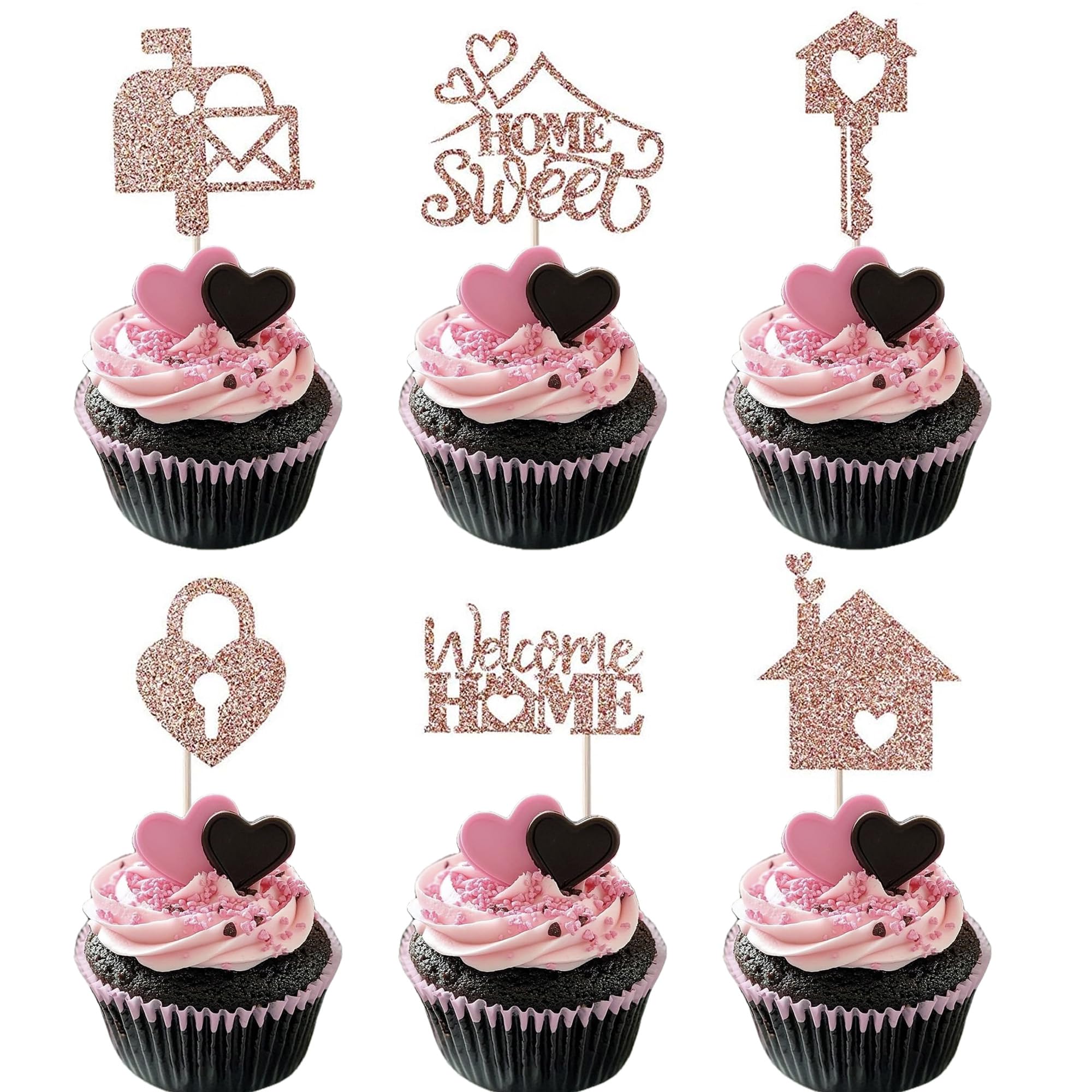 SYKYCTCY 24 Pack Sweet Home Cupcake Toppers Glitter Key Lock Housewarming Cupcake Picks New Home Theme Party Welcome New House Party Cake Decorations Supplies Rose Gold
