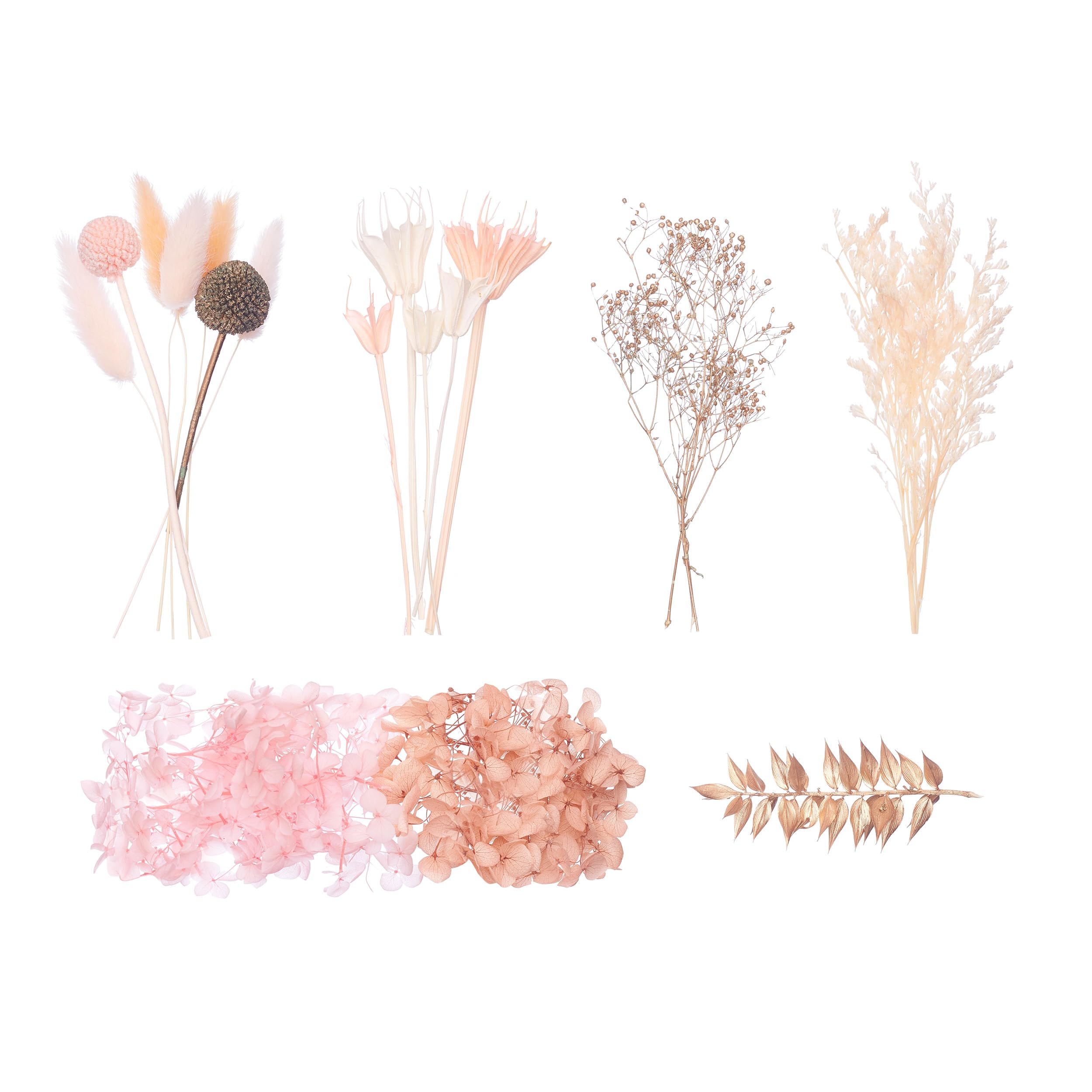The Baked Studio - Deluxe Dried Flower Set Containing Hydrangea, Craspedia, Octagonal Flowers, Gypsophila, Ruscus, Lagurus, Limonium (Peachy Pinks, White & Gold)