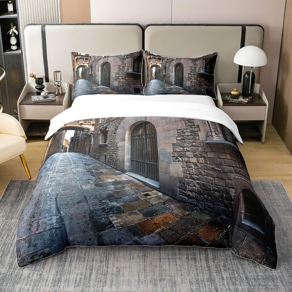 Medieval Gothic Quarter Bridge Bedding 100% Cotton Set for Kids Boys Men Spanish Old Medieval Streets 100% Cotton Duvet Cover Historical Heritage Duvet Set Room Decor Double Zipper Quilt Cover — image 1