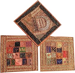 3 Pcs Ethnic Cushion Cover Patchwork Embroidered Brown Cotton Square Toss Pillow Cases 16x16