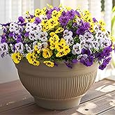 Rowfad 18 Pcs Artificial Fake Pansy Flowers for Outdoor, Faux Silk Pansies Spring Flowers for Outside for Planter Front Door Porch Yard Patio Window Box Home Decor (18, Purple, Yellow, White)