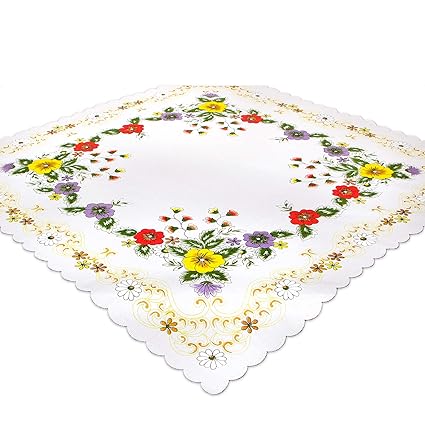 Tischdecke Bunte Blumen, 85x85 cm, weiß Ecru, Bedruckte Mitteldecke für Frühling und Sommer