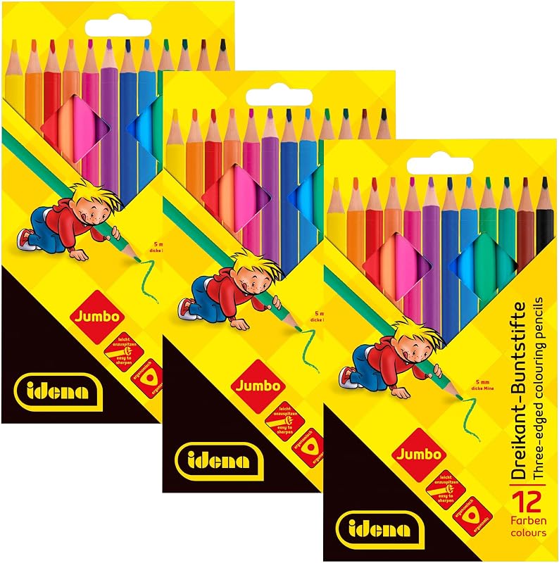 90273 - Jumbo Buntstifte mit 5 mm Dicker Mine in 12 Farben, 3 Packungen mit je 12 Stück holzfreien Farbstiften in ergonomischer Dreiecksform, verpackt im Kartonetui