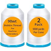 90wt X-Large Machine Embroidery Bobbin Threads Cones 2 Pack 5500 Yards Each | Extra Large Cones for Machine White Sewing And Quilting, Refill Supply, Decorative Stitching Applications