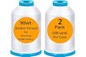 THREADNANNY 2-Pack Premium 90 WT Machine Embroidery Bobbin Thread White - Set of 2 X-Large Huge Polyester Cones 5500 Yards Each Spool Lint Free White Thread - Compatible with All Embroidery and Sewing Machines