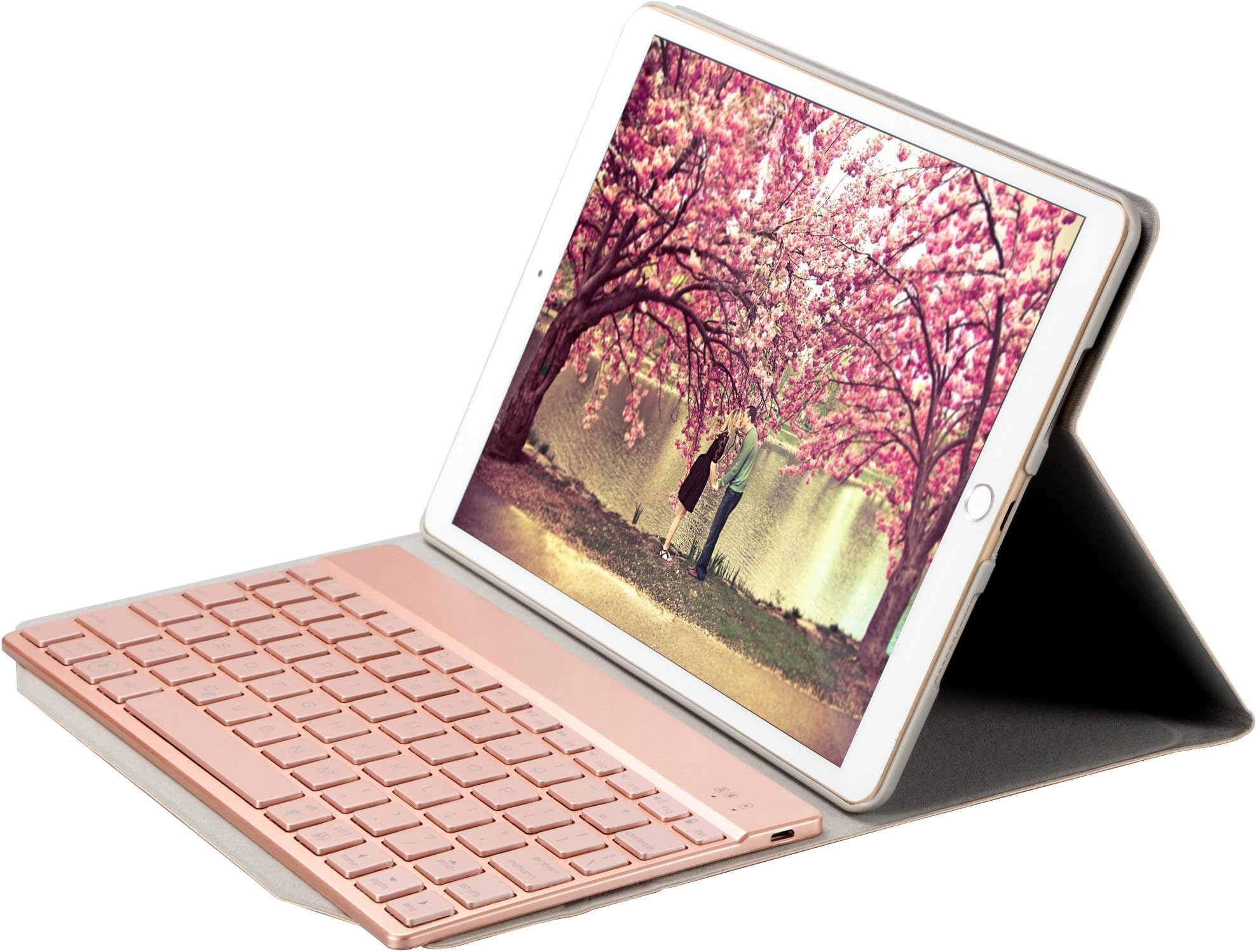 iPad Pro 10.5 Keyboard Cover Case DETACHABLE Aluminum Wireless Bluetooth Keyboard PU Leather Hard Back Folio Protective Smart Case Stand 7 Colors Backlit for iPad Pro 10.5 (Rose Gold)