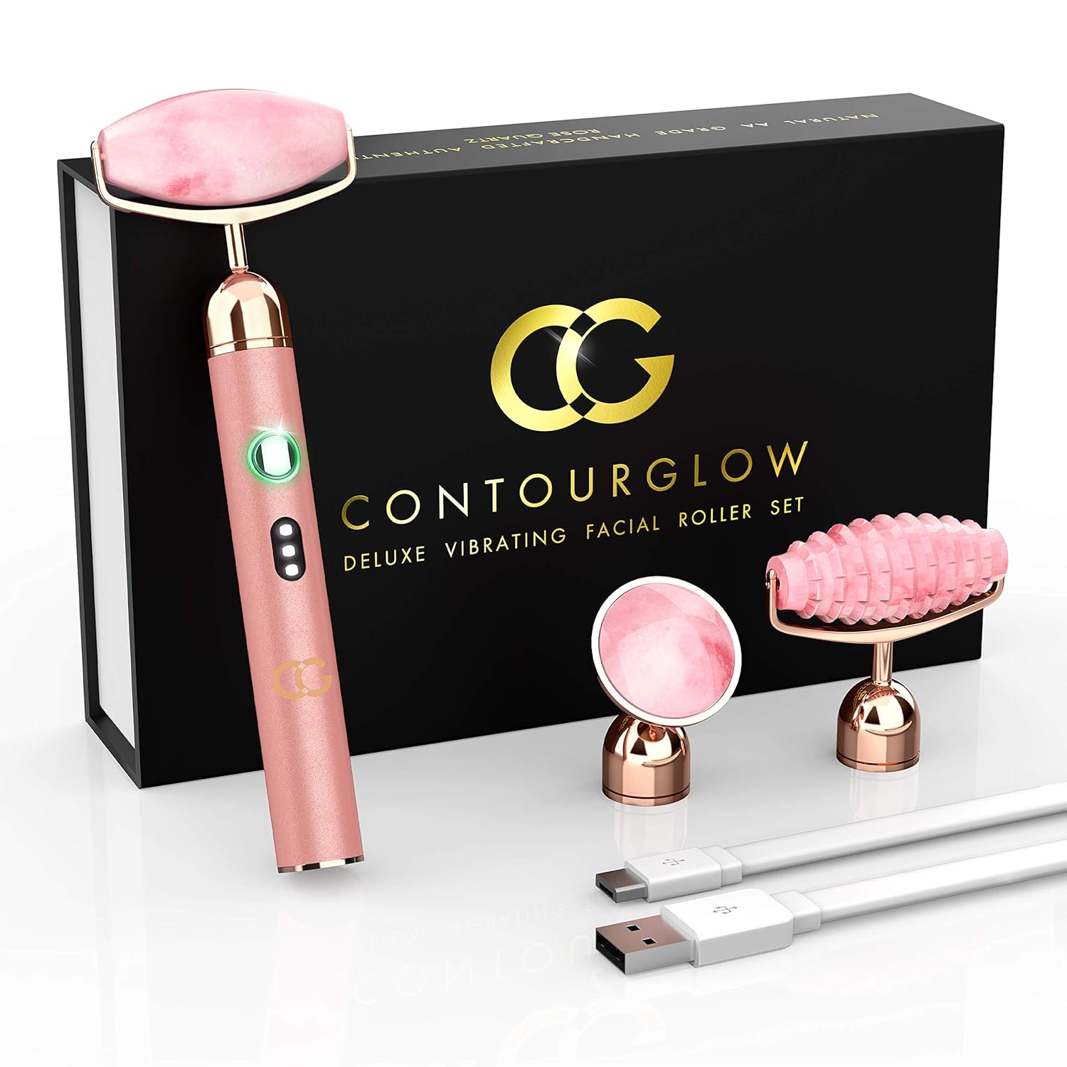 ContourGlow Vibrating Facial Roller Set, 3 In 1 Deluxe Authentic Stone Face Massager Kit, USB Rechargeable, Anti Aging Derma Beauty Tools, Jade Eye Contour Skin Slimmer, Wrinkles Reducer, Rose Quartz