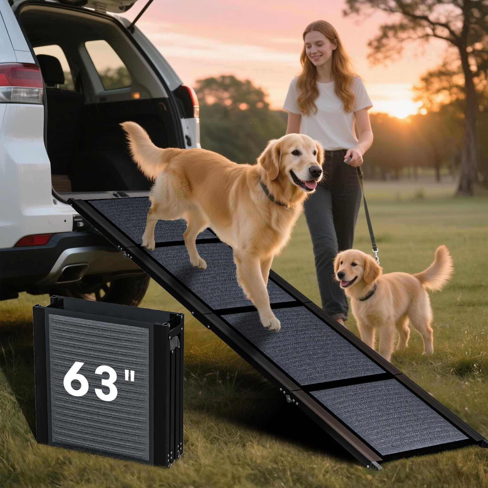 Photo 1 of HBTower 63" Long & 17.3" Wide Folding Dog Ramp for Car, SUV & Truck – Portable Pet Ramp with Non-Slip Surface, Extra Wide Steps for Large Dogs Up to 250LBS