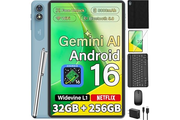 Android 10 inch Tablet with Keyboard - Android 16 tablet PC with 32GB+256GB+2TB Expand, Electronic Tablet with 8-Core, Gemini AI, WiFi, 8000mAh, GPS, 2-in-1 Tablet with Case/Mouse/Stylus(Black Case) | Electronic Tablet with 8-Core, Gemini AI, WiFi, 8000mAh, GPS, 2-in-1 Tablet with Case/Mouse/Stylus