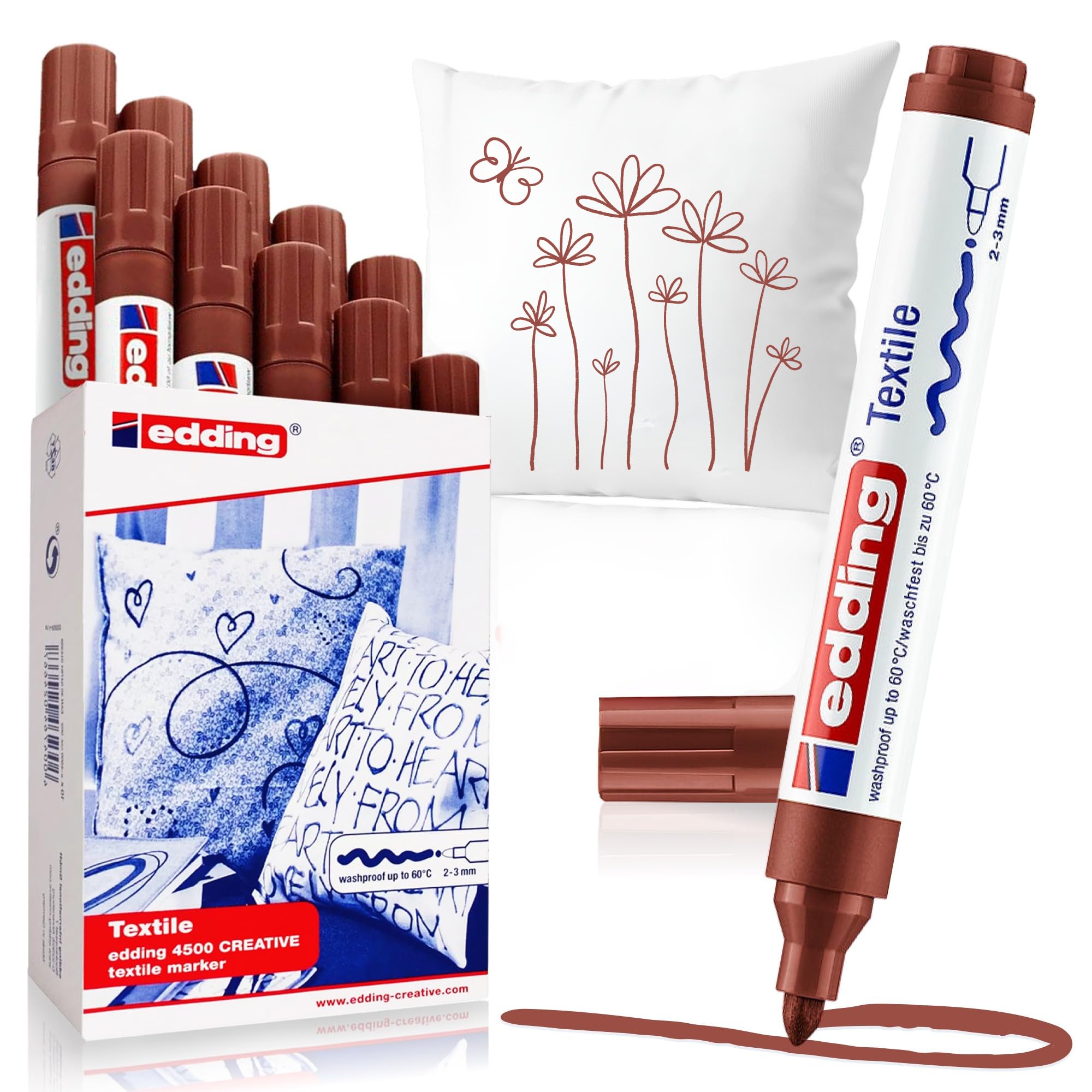 edding 4500 textile marker - brown - box of 10 - round nib 2-3 mm - permanent fabric markers for drawing on textiles, wash-resistant up to 60 °C - marker pens for fabric lettering