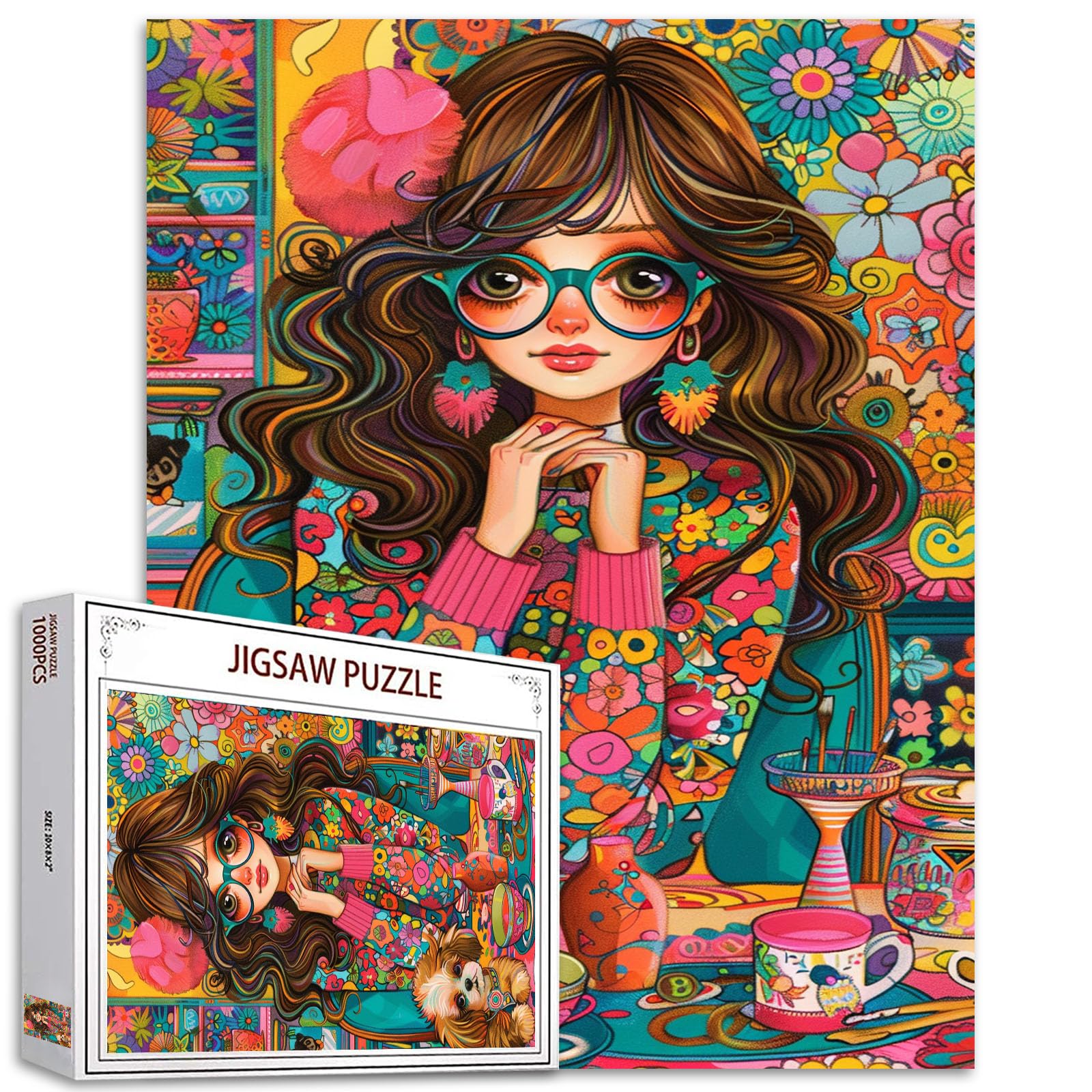 Tucocoo 1000 Piece Jigsaw Puzzles for Adults Beautiful Girl Jigsaw Puzzle Cute Dog Abstract Floral 1000 Pieces Puzzles for Challenging Family Activity Game Colorful DIY Puzzle Wall Decor Gifts