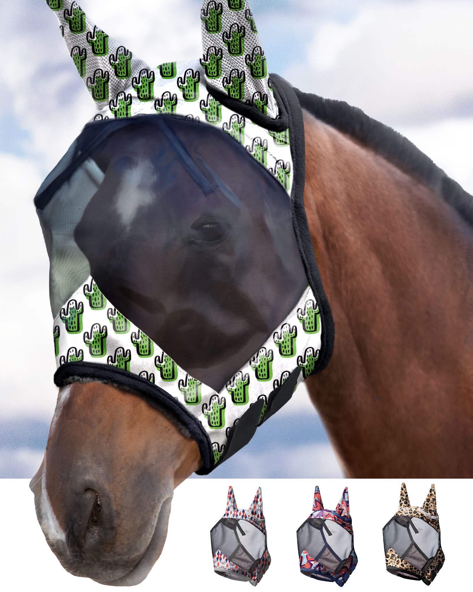 Harrison Howard LumiVista Horse Fly Mask Standard with Ears UV Protection for Horse-Green Cactus Cob