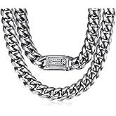 ROWIN&CO Miami Cuban Link Chain for Men 15mm Silver Stainless Steel Curb Necklace/Bracelet, Mens Jewelry, Durable & Anti-Tarnish CZ Diamond Clasp Chain 8" 20" to 35" Inch