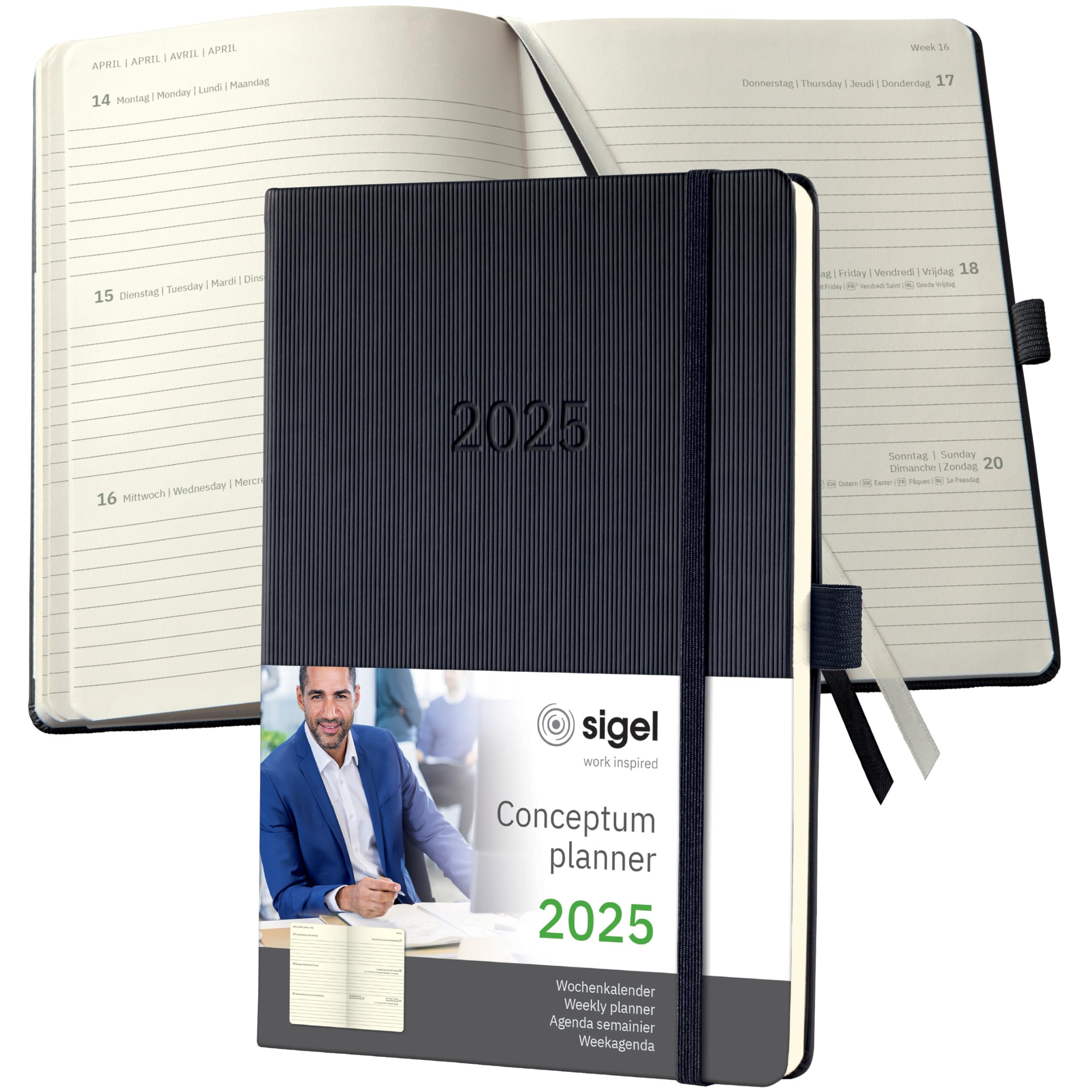 SIGEL C2512 Conceptum Weekly Planner 2025, Approx. A5, Black, hardcover, 2 Pages = 1 Week, 192 Pages