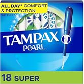 Tampax Pearl Tampons Super Absorbency, With Leakguard Braid, Unscented, 18 Count