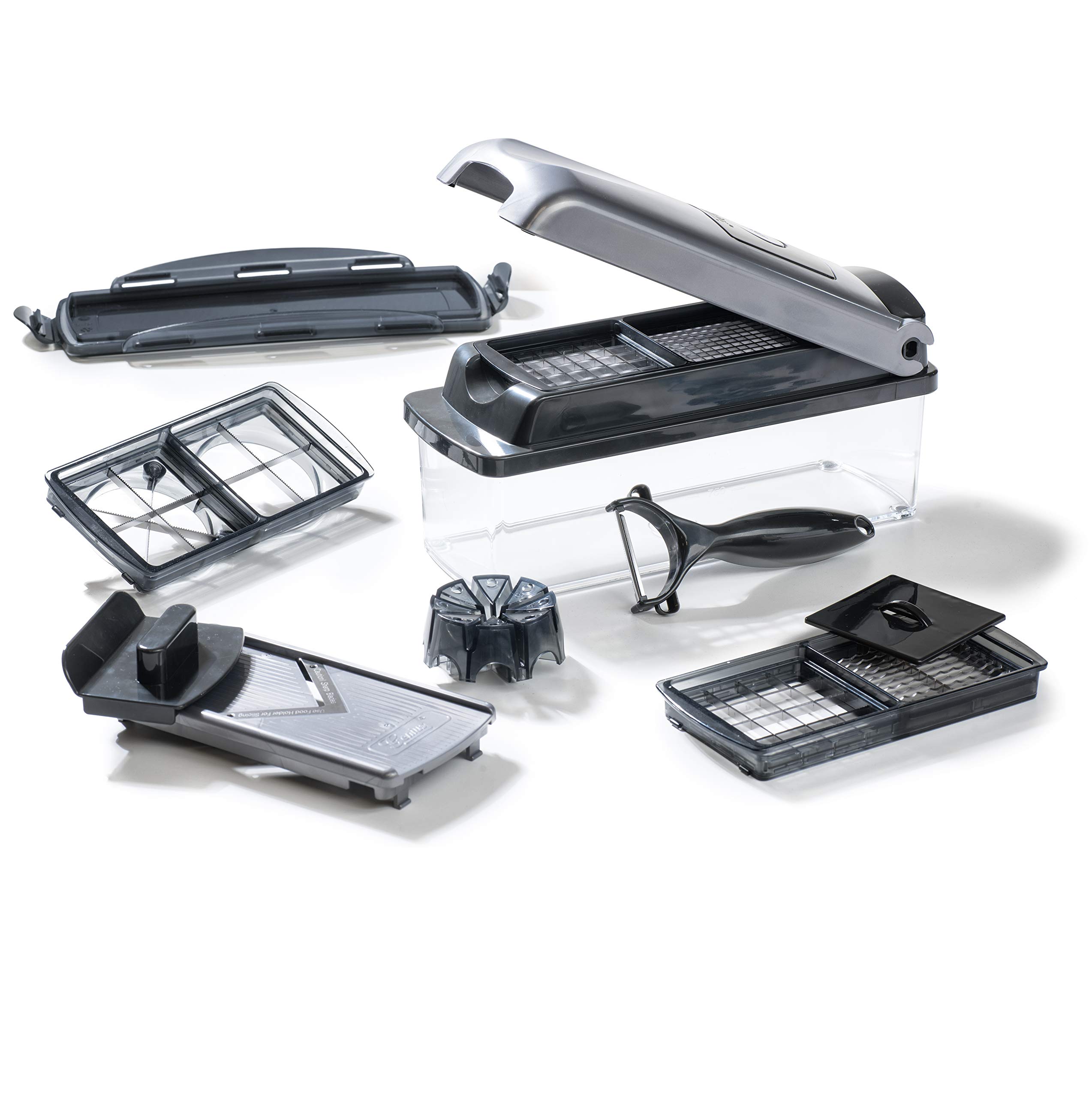 Genius Nicer Dicer Plus (12 Pieces) Vegetable Cutter, Onion Cutter, Chip Cutter, Fruit Slicer, All-purpose Slicer, Dicing, Cutting, Peeling, Storage, A34141, Silver/Black