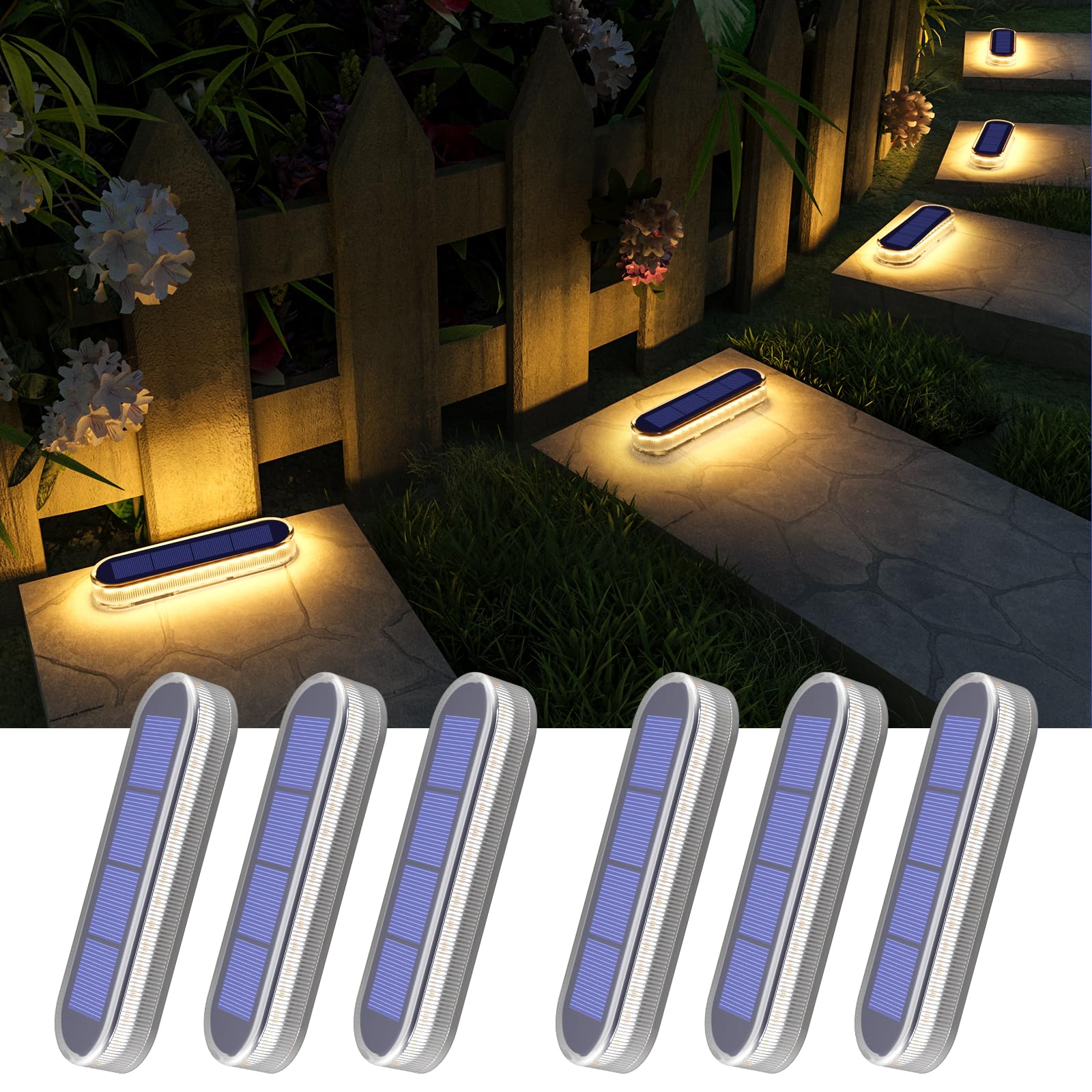Photo 1 of YiLaie Solar Stair Lights Outdoor Waterproof, Stick on Solar Strip Lights Auto ON/Off, Small Step for Outside Dock Driveway Mailbox Deck Solar Powered Warm White (6 Pack)