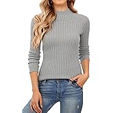 QUALFORT Women's 100% Cotton Mock Neck Sweater Lightweight Long Sleeve Soft Knit Pullover Tops