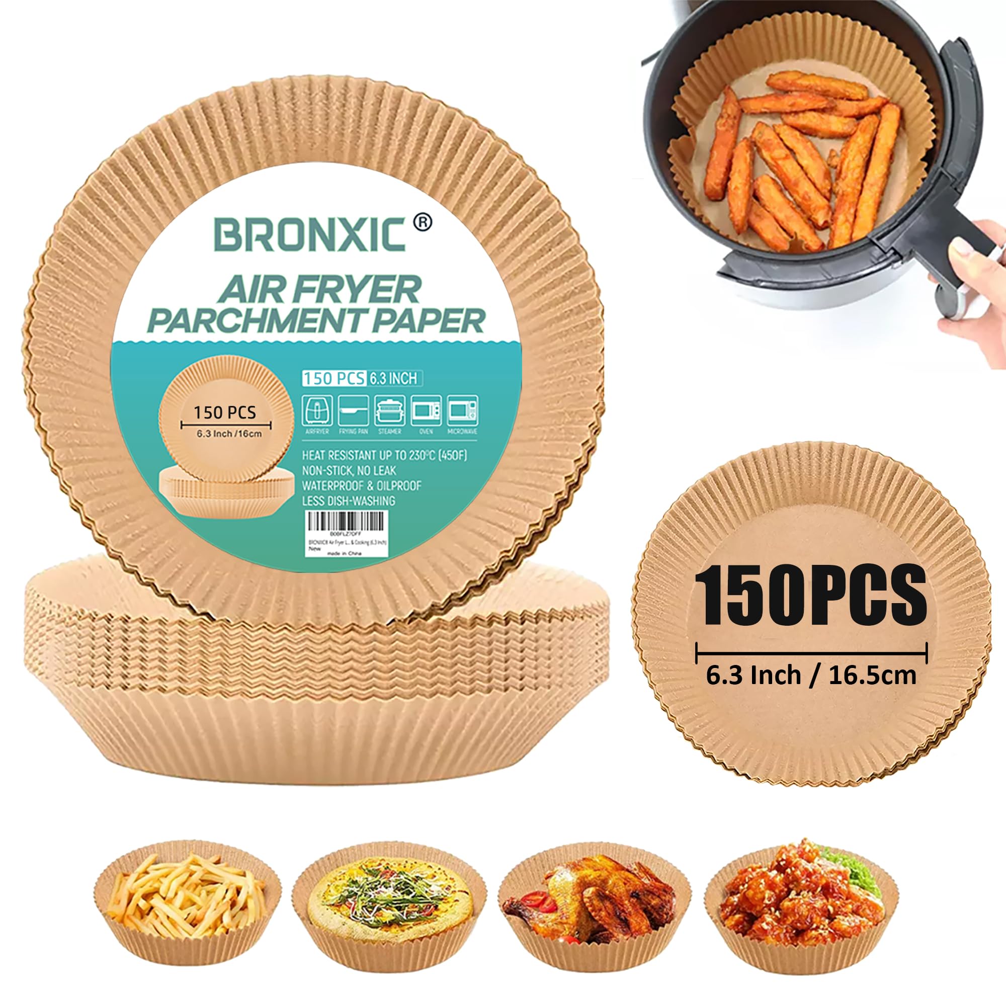 BRONXIC® 150PCS Air Fryer Liners 16cm | Heavy Duty Oil Proof & Non-Stick Air Fryer Liner | Heat Resistant Disposable Parchment Airfryer Liners | Perfect for Baking, Roasting & Cooking