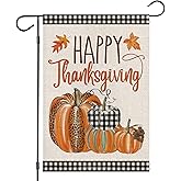 Happy Thanksgiving Fall Garden Flags for Outdoor,12x18 Double Sided,Harvest Buffalo Plaid Pumpkins Yard Flags,Small Thanksgiving Day Garden Decor for Autumn Outside Porch Lawn Holiday