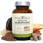 Herbal Roots Organic 8 Mushroom Blend Supplement Capsules - 100% Fruiting Body Extracts - Wellness and Immunity - 60 Vegan Capsules